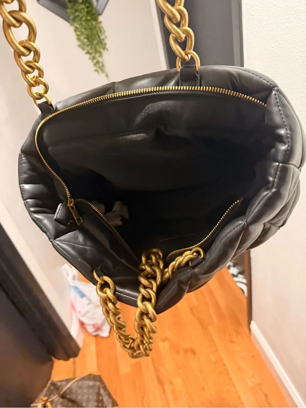 Zara Black Quilted Shoulder Bag with Gold Chain Straps